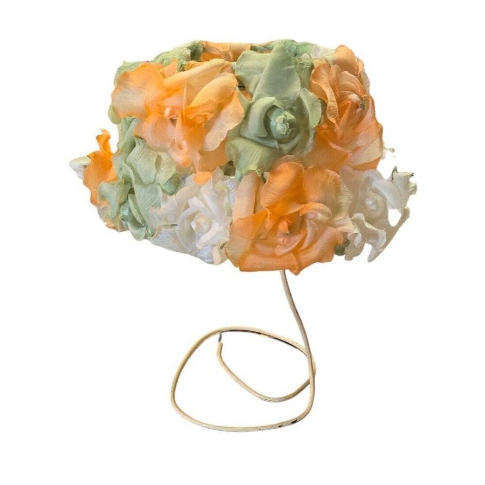 VINTAGE UNION MADE SPRINGTIME FLORAL PILLBOX HAT PEACH GREEN WHITE OPEN TOP VTG